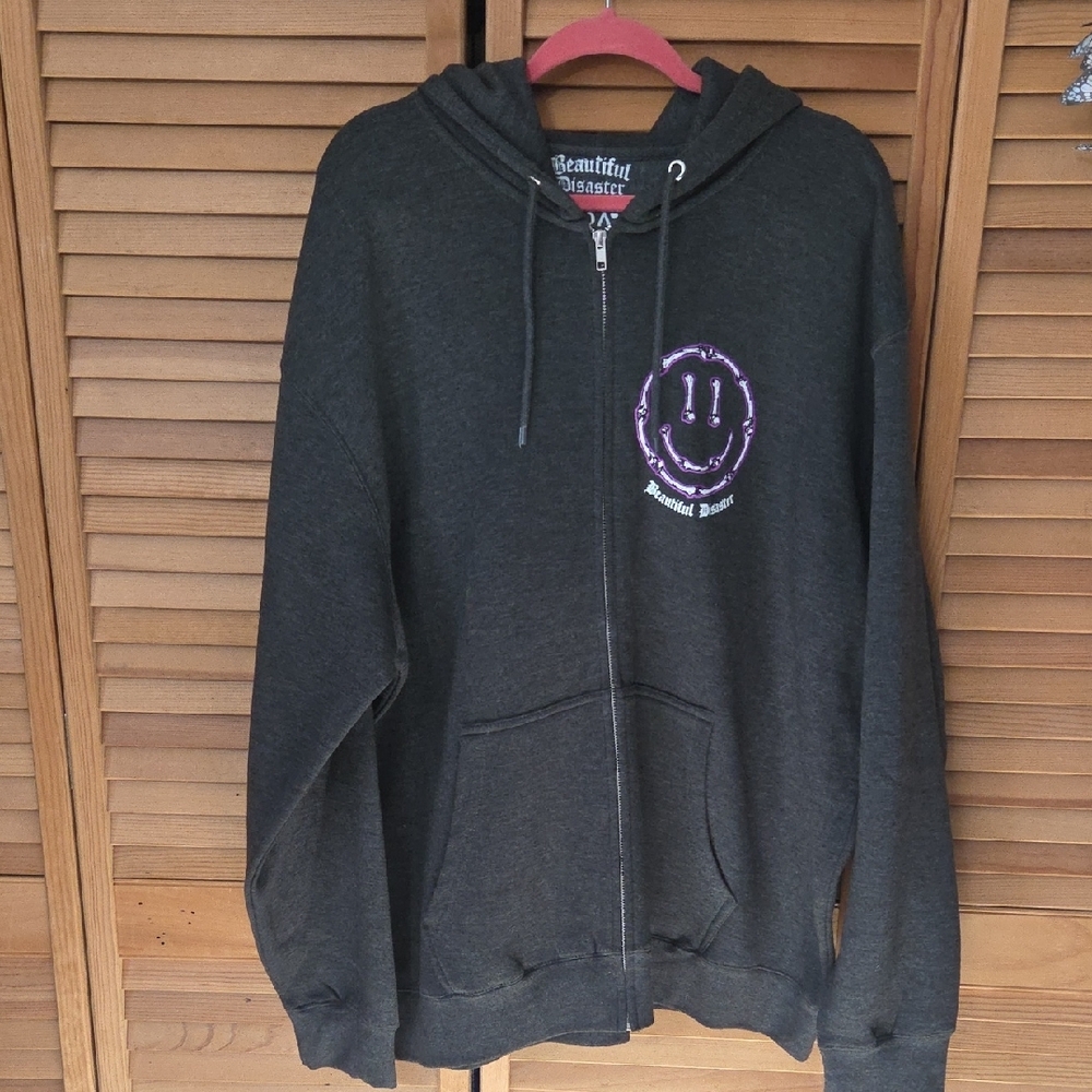 Women's Beautiful Disaster Charcoal Zip Up Hoodie Peace, Love & Happiness Design - Picture 3 of 6
